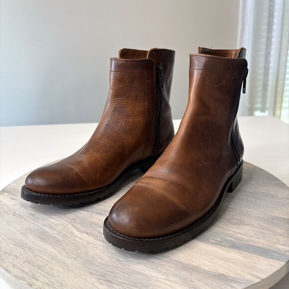 Frye Women's Veronica Brown Leather Zip Booties Biker Boots‎ US Size 7 1/2 - Picture 3 of 11